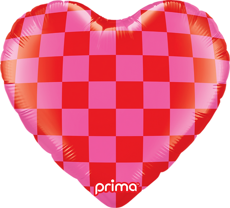 18-inch heart-shaped balloon with red and pink checkerboard pattern and "prima" logo.