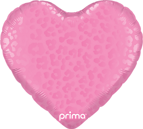 18-inch heart-shaped balloon with dark pink matte and shiny leopard print pattern and white "prima" logo at bottom.