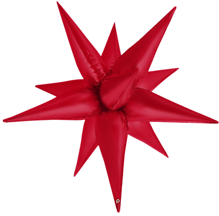 Red satin inflatable starburst with multiple pointed spikes and smooth glossy surface.