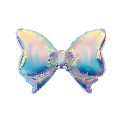 24-inch iridescent bow-shaped foil balloon with pastel rainbow hues and glossy finish.