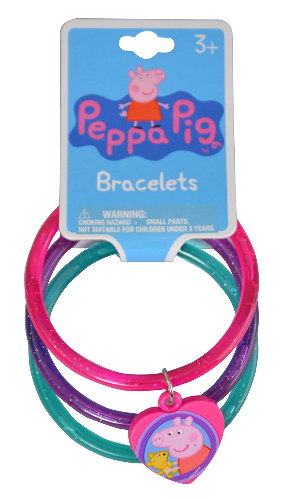 Set of three colorful bangle bracelets with Peppa Pig charm on blue packaging card.