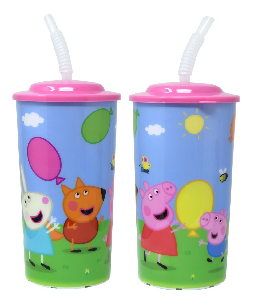 Blue sports tumbler with pink lid and straw featuring Peppa Pig and friends holding colorful balloons.