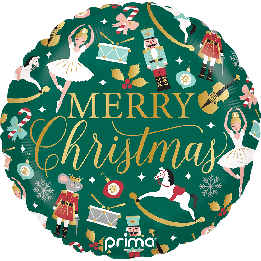 18-inch round foil balloon with green background, featuring Nutcracker ballet characters, musical instruments, and gold.