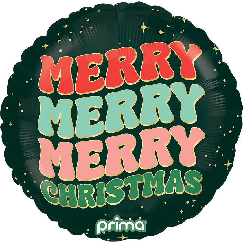 18-inch round dark green foil balloon with "Merry Merry Merry Christmas" in red, light blue, pink, and green letters and.