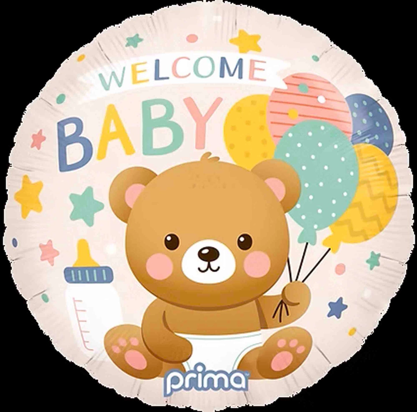 18-inch round foil balloon with a cute brown bear holding colorful balloons and "Welcome Baby" text.