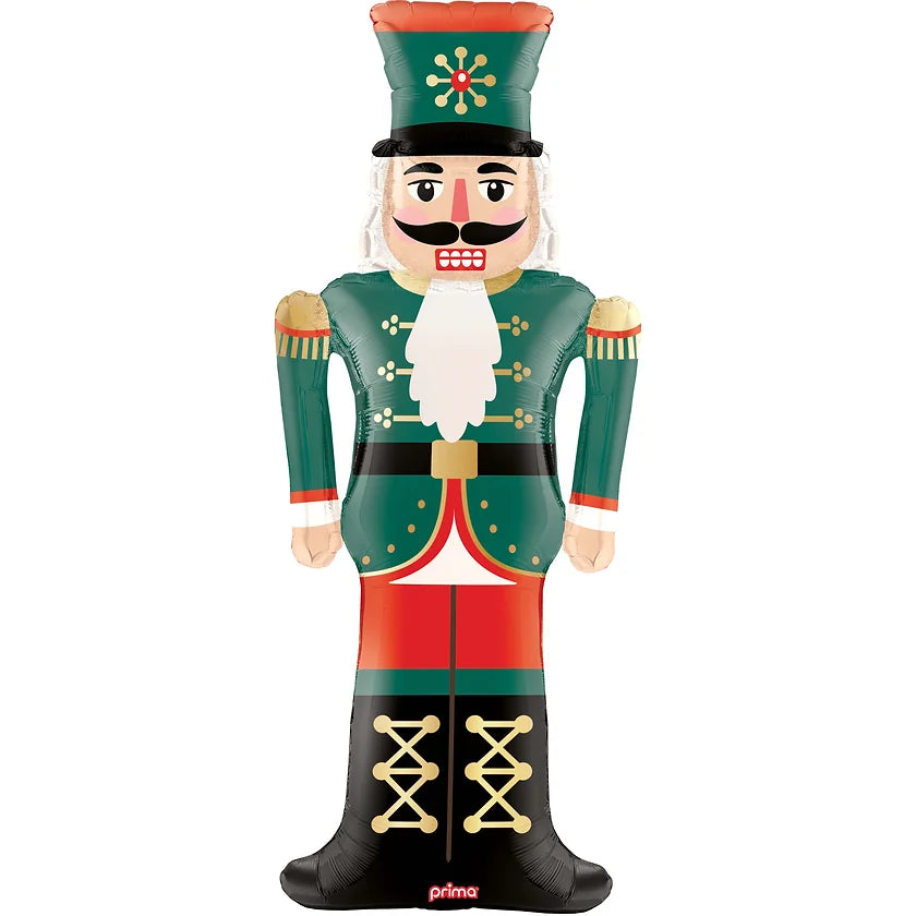 47-inch foil balloon shaped like a traditional nutcracker soldier with green jacket, red pants, and black boots.