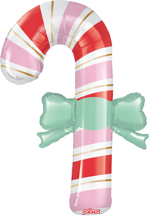 39-inch foil balloon shaped like a candy cane with red, white, and pink stripes and a large pale green bow.