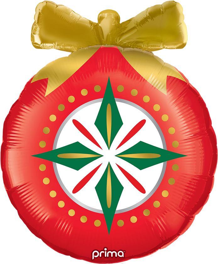 Red round foil balloon shaped like a Christmas ornament with white and green star design and gold bow at top.