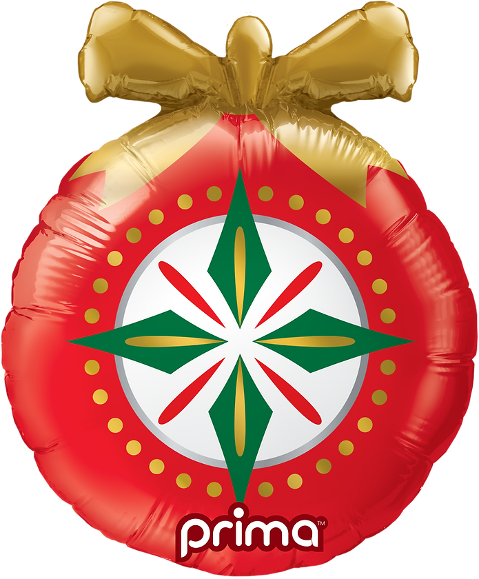 Red round foil balloon shaped like a Christmas ornament with green and white star design and gold bow top.