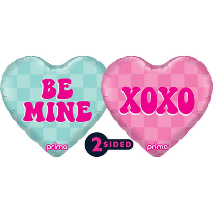 18-inch heart-shaped balloon with turquoise "Be Mine" text on one side and pink "XOXO" text on the other, both with a.
