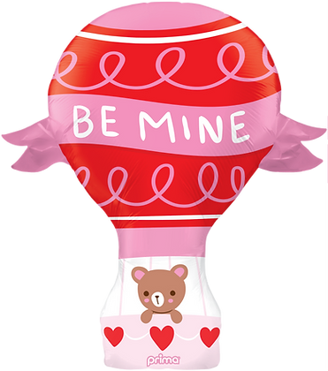 Red and pink hot air balloon-shaped foil balloon with "Be Mine" text and teddy bear with hearts in basket section.