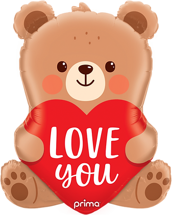 Brown bear-shaped balloon holding a red heart with "Love You" in white letters, 27 inches tall.