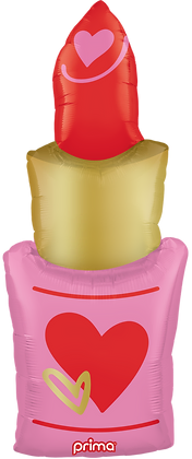 40-inch red lipstick-shaped balloon with pink base, gold band, and heart designs.
