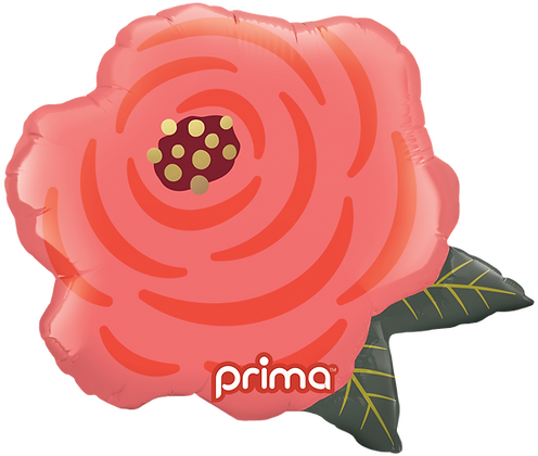 Pink air-filled flower-shaped balloon with red petal patterns and green leaves at the base.