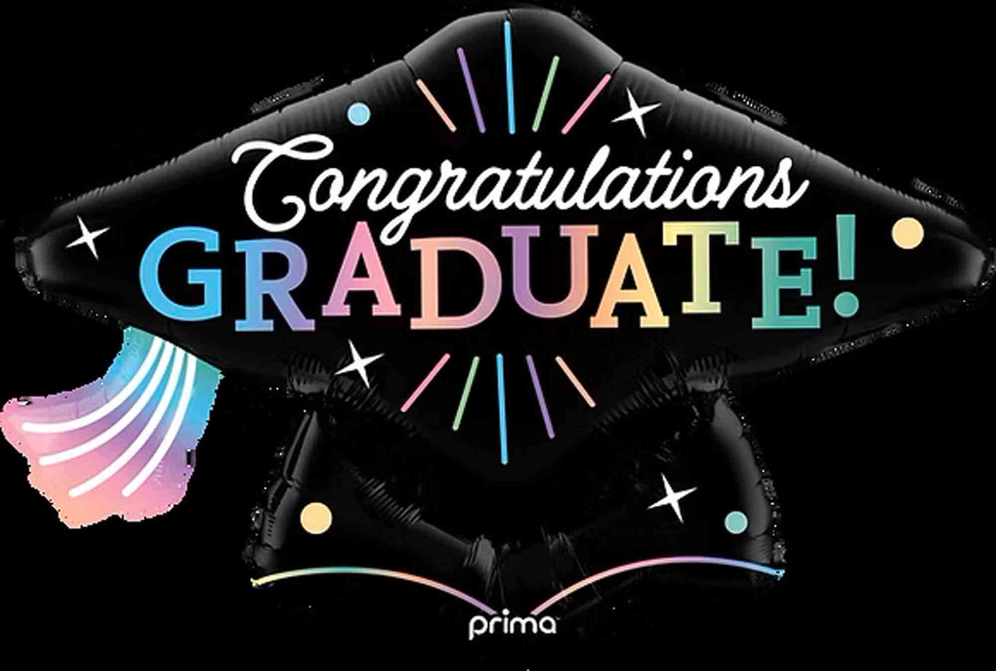Black foil graduation cap-shaped balloon with colorful "Congratulations Graduate!" text and confetti accents.