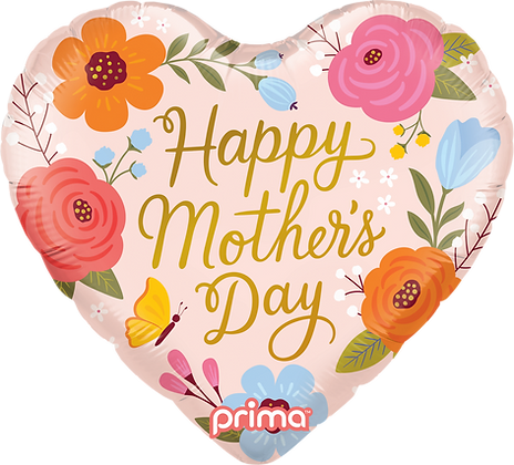 Heart-shaped pink foil balloon with colorful flowers, butterflies, and gold "Happy Mother's Day" text.