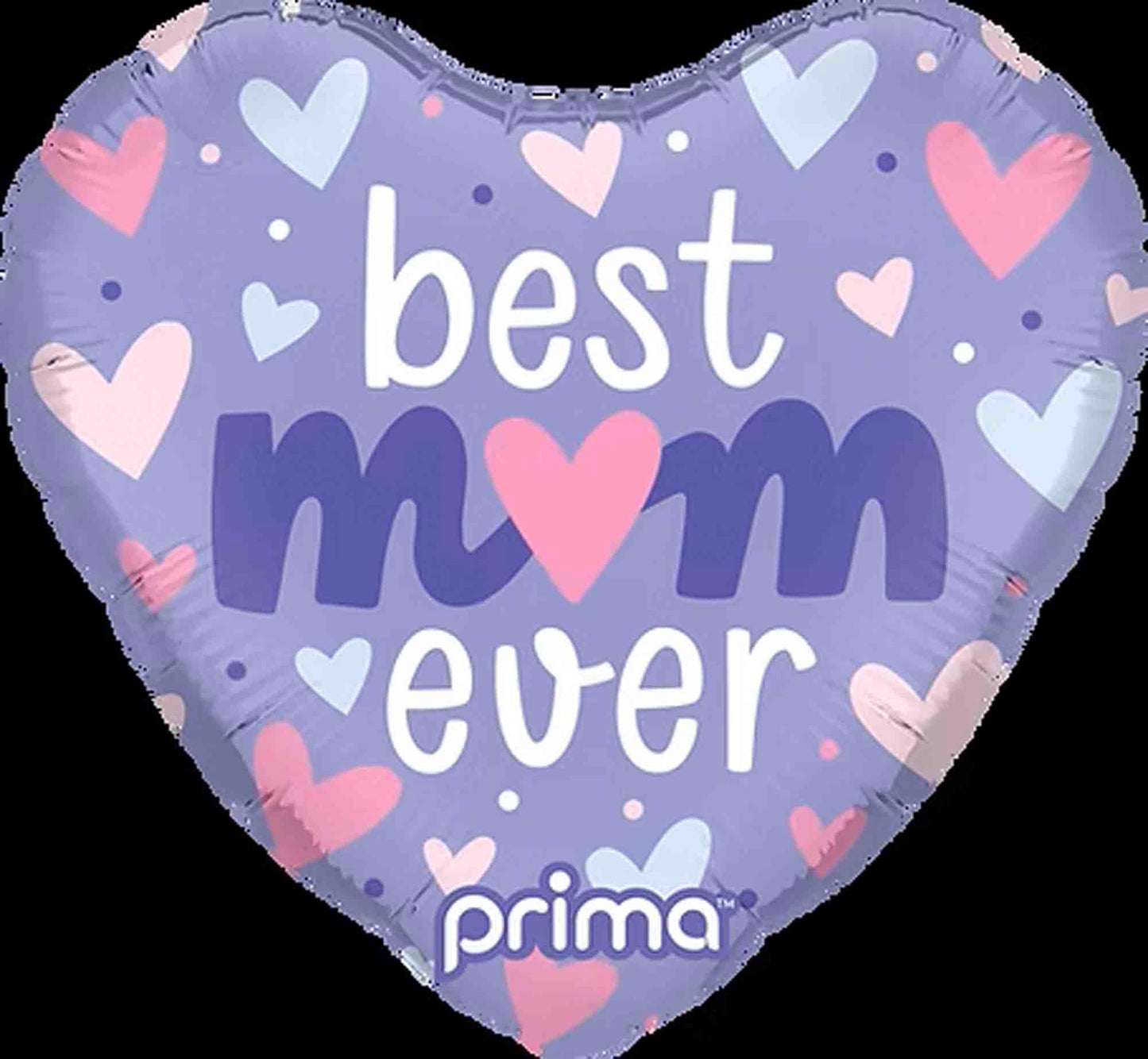 Heart-shaped purple foil balloon decorated with pink, lavender, and white hearts, featuring "best mom ever" text in white.