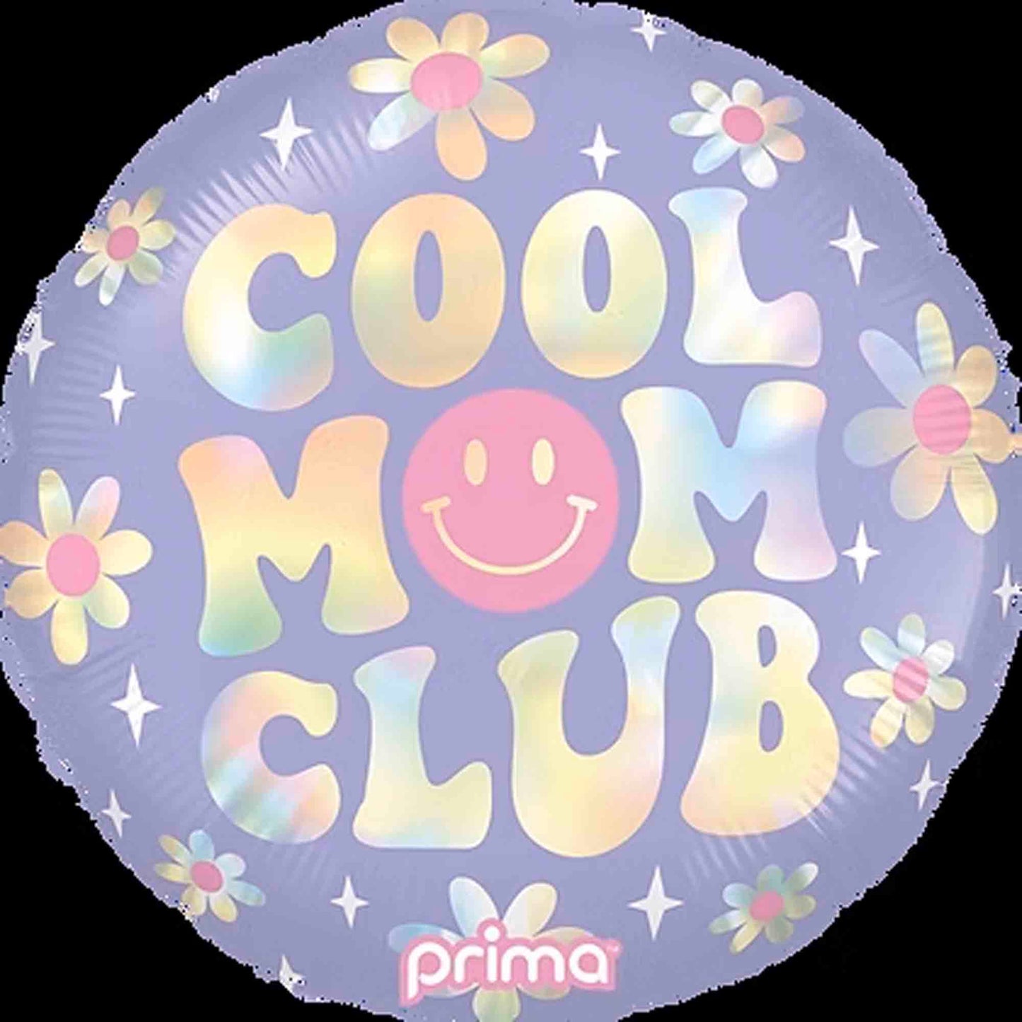 18-inch round holographic balloon with pastel "Cool Mom Club" text and smiley face, decorated with colorful flowers.