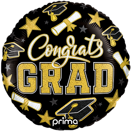 18-inch round black balloon with gold and white "Congrats Grad" text, graduation caps, diplomas, and stars.