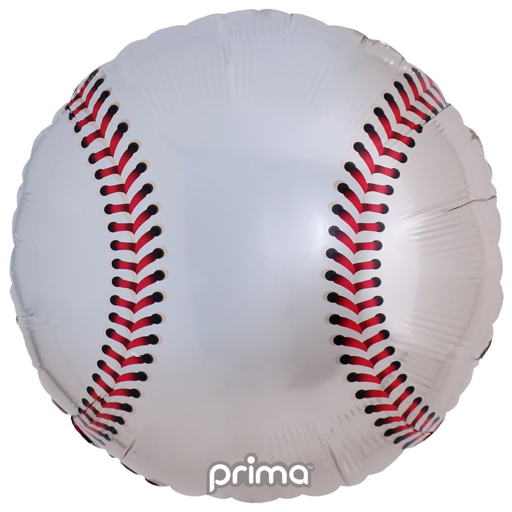 Round white foil balloon designed as a baseball with red stitching detail.