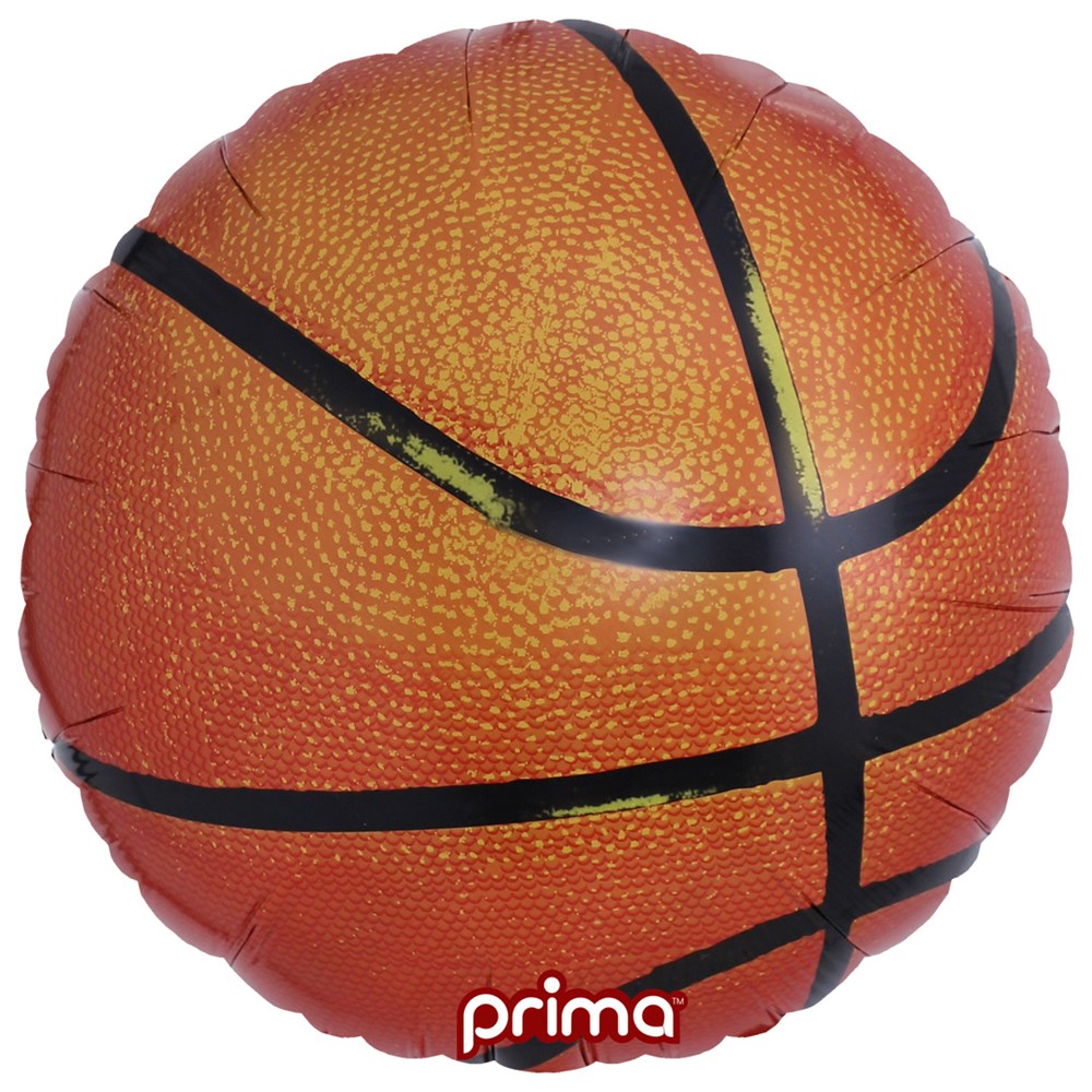 18-inch round foil balloon designed like an orange basketball with black lines and textured surface.