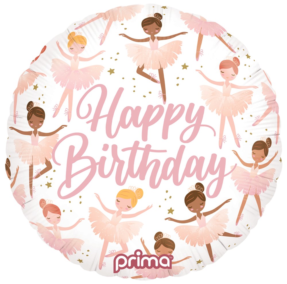 Round foil balloon with pink ballerinas in tutus and "Happy Birthday" script on white background.