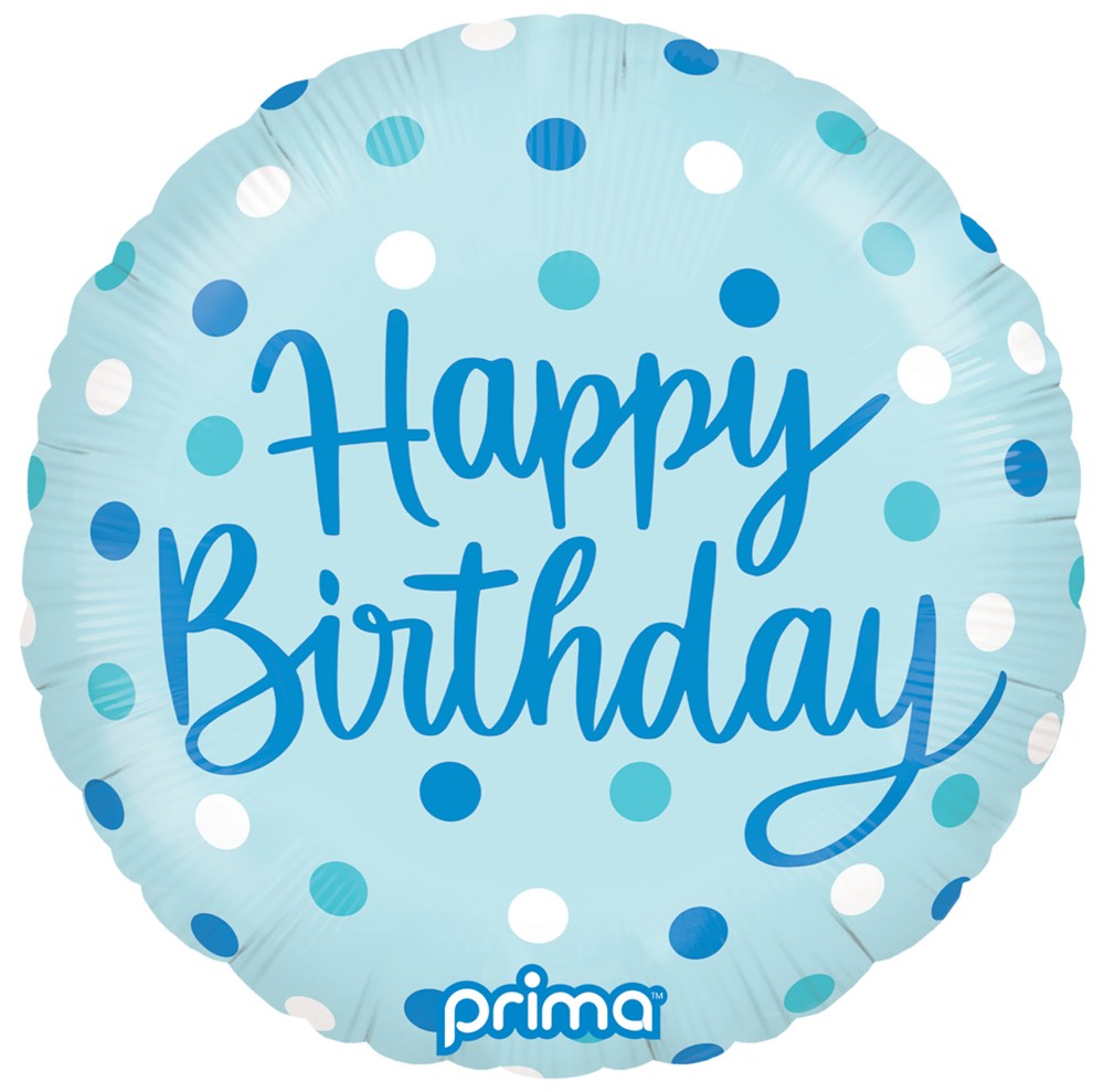 Light blue round foil balloon with dark blue and white polka dots and "Happy Birthday" in dark blue cursive.