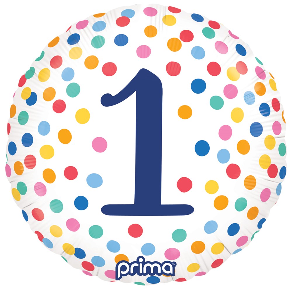 Round white foil balloon with colorful confetti dots and large navy number 1 in center.