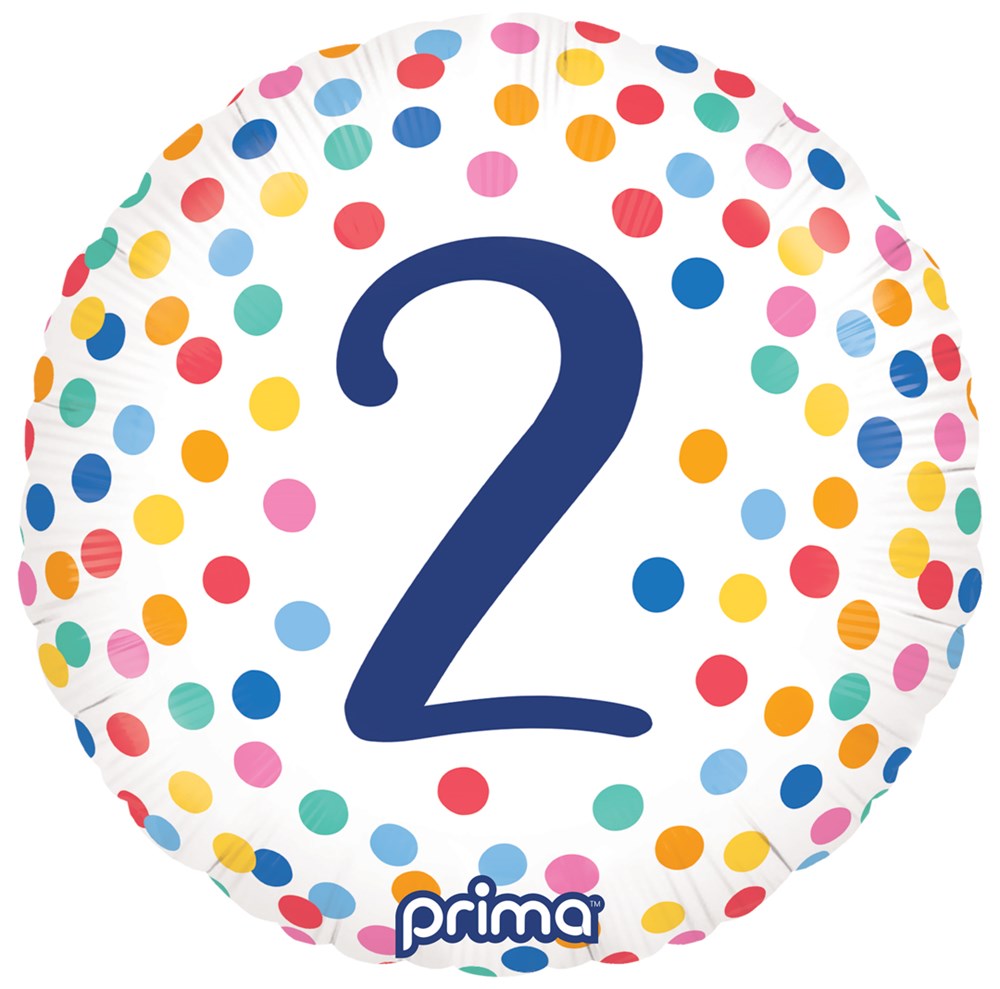White round foil balloon with colorful confetti dots and large navy blue number 2 in center.