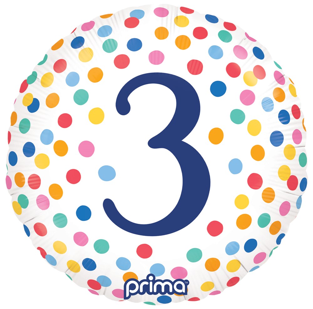 18-inch round foil balloon with multicolored confetti dots and large blue number 3.