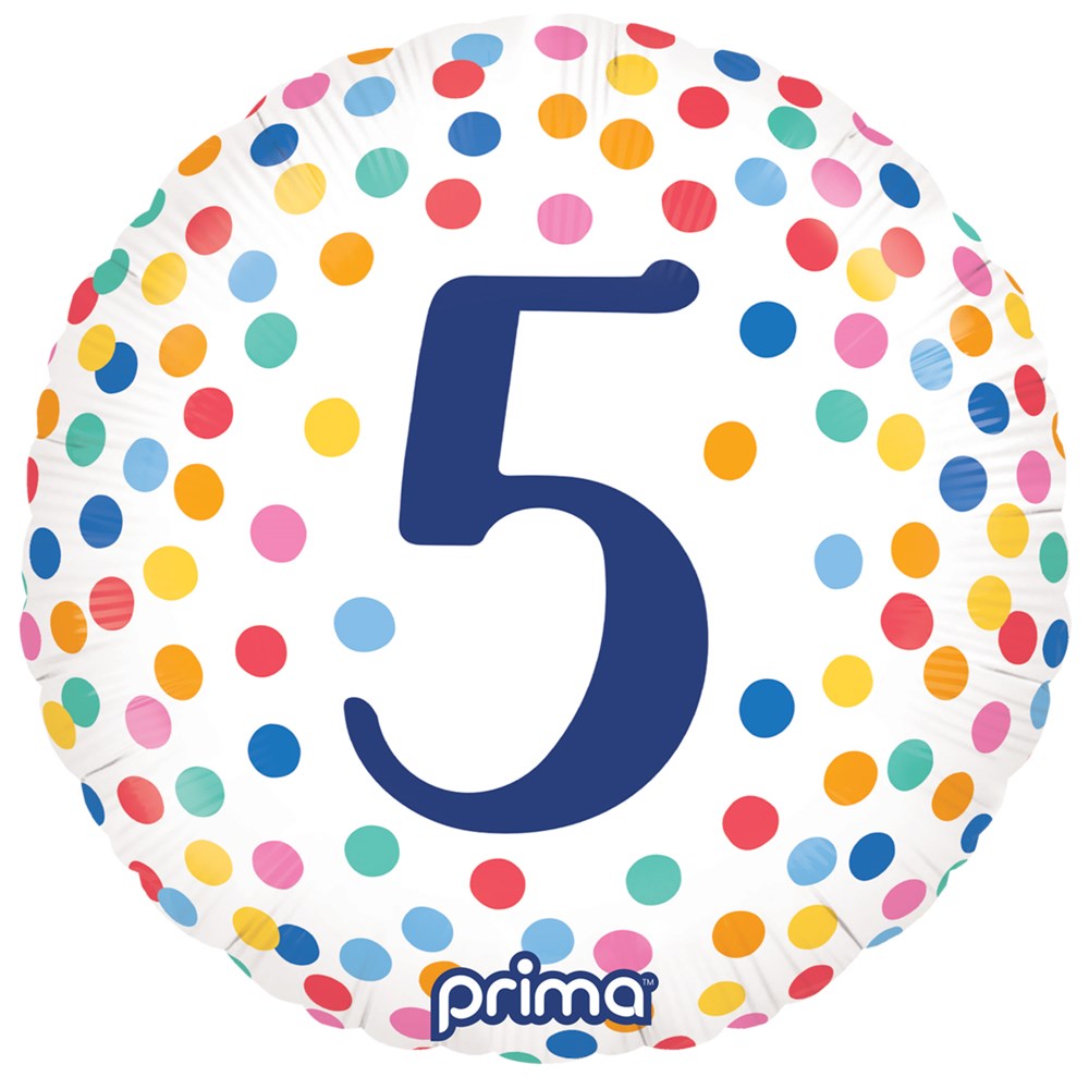 Round foil balloon with large blue number 5 and colorful confetti dots on white background.
