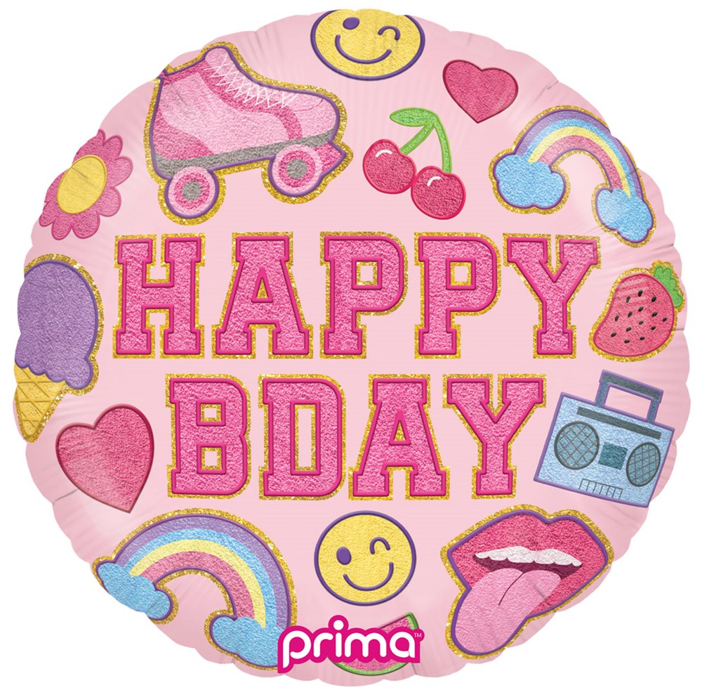 18-inch round pink foil balloon with “HAPPY BDAY” in glittery letters and colorful birthday-themed patches.
