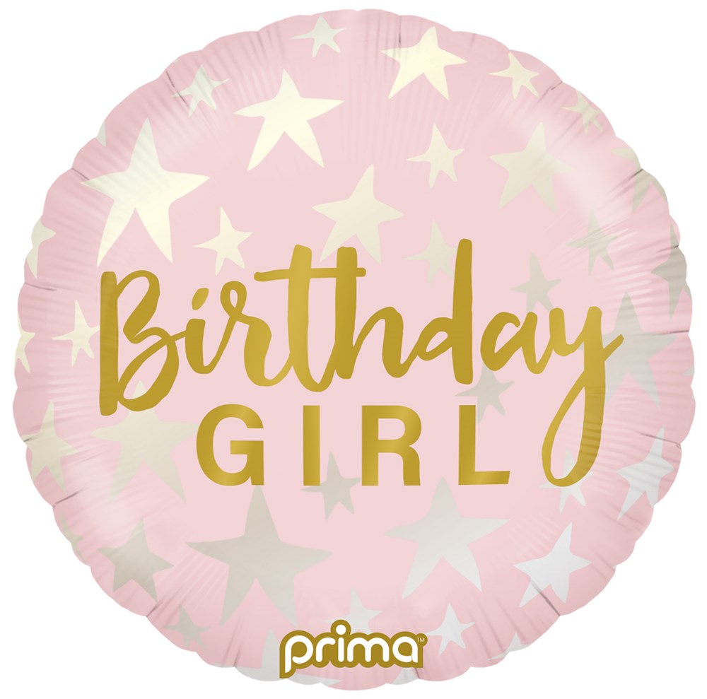 Round pink foil balloon with gold "Birthday Girl" text and scattered white stars, 18 inch.