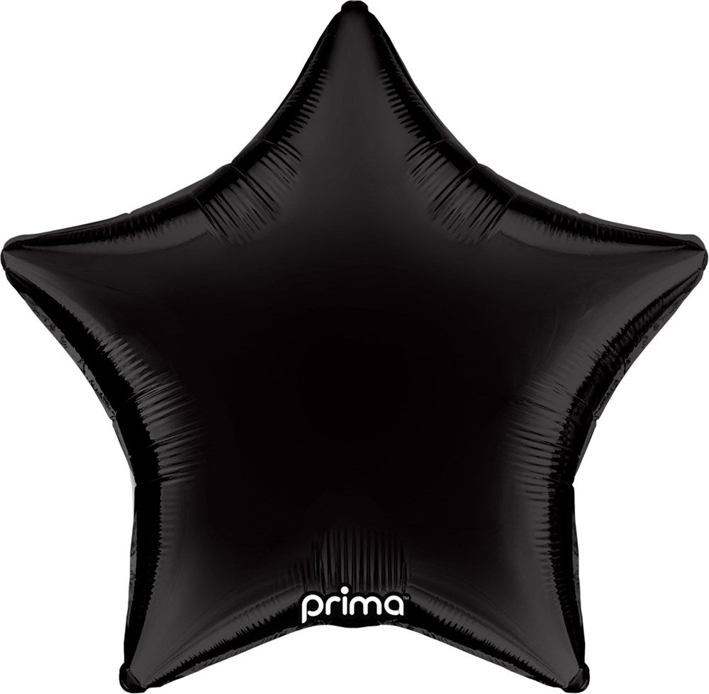 Black star-shaped foil balloon with glossy finish measuring 18 inches, branded Prima at base.