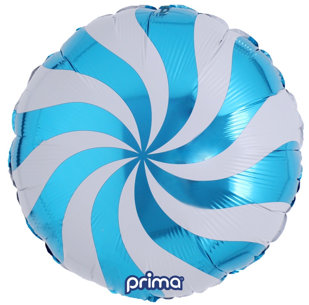 Round 18-inch foil balloon with swirling blue and white candy pattern and Prima logo at bottom.