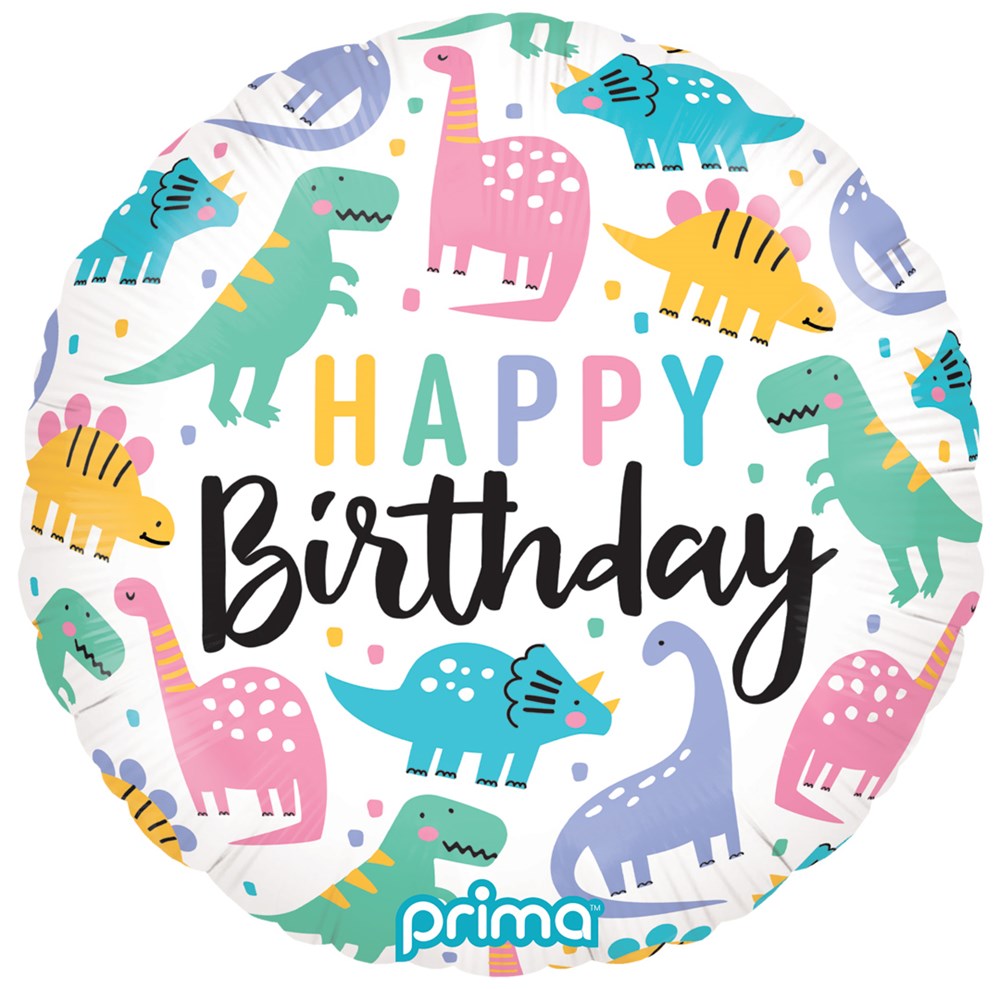 Round white foil balloon with colorful cartoon dinosaurs and "Happy Birthday" text in multicolor and black cursive letters.