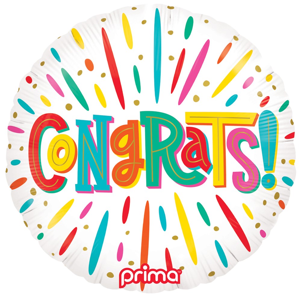 Round white foil balloon with colorful "Congrats!" text and multicolored confetti accents.