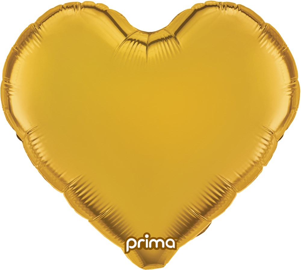 Shiny gold foil heart-shaped balloon with smooth edges and Prima logo at bottom center.