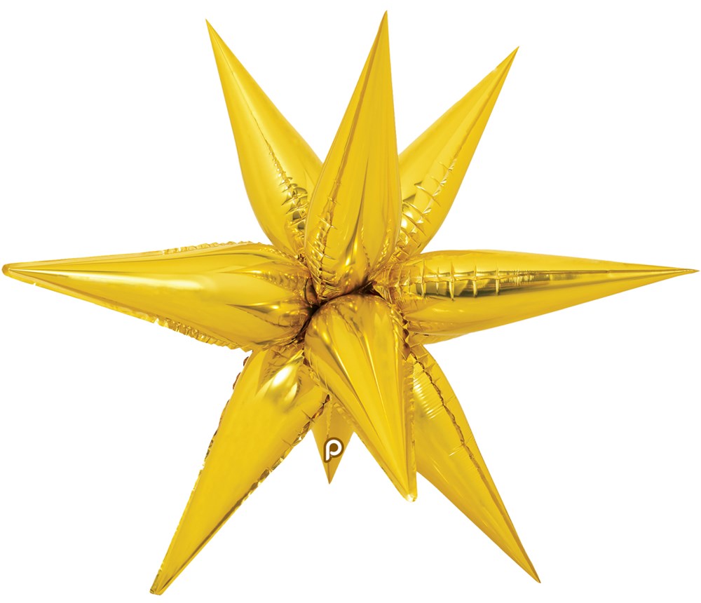 Glossy gold starburst-shaped foil balloon with eight pointed spikes, 26 inches wide.