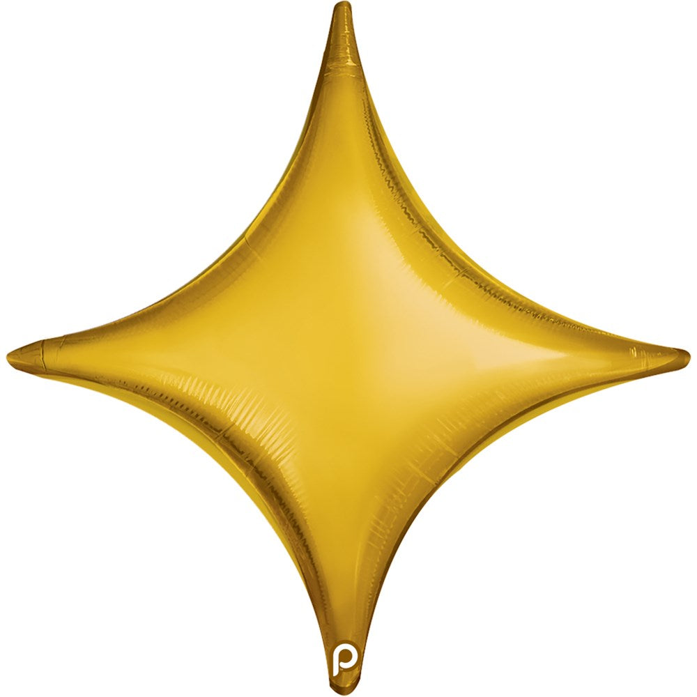 Gold star-shaped foil balloon with smooth shiny surface, inflated and 18 inches wide.