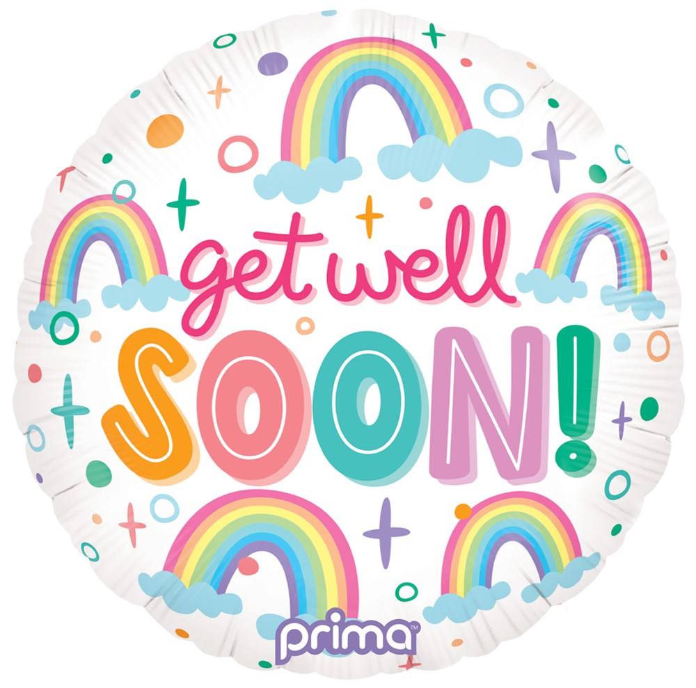 Round 18-inch foil balloon with colorful rainbows, clouds, and "get well SOON!" text in bright pink, orange, teal, and.