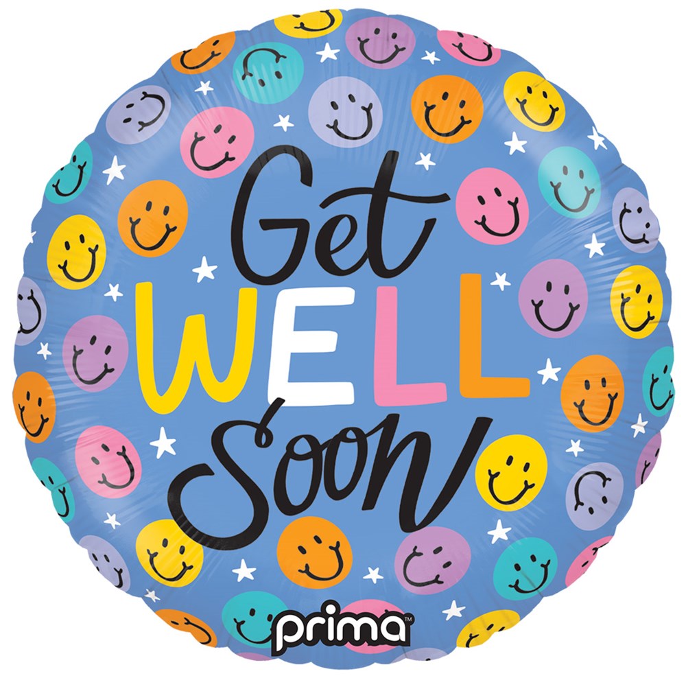Round blue foil balloon with colorful smiley faces and "Get Well Soon" text in black, yellow, and pink.