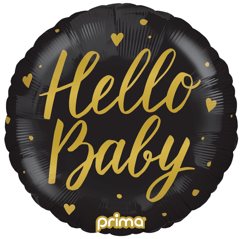 Black round foil balloon with gold "Hello Baby" script and small heart accents, 18 inches.