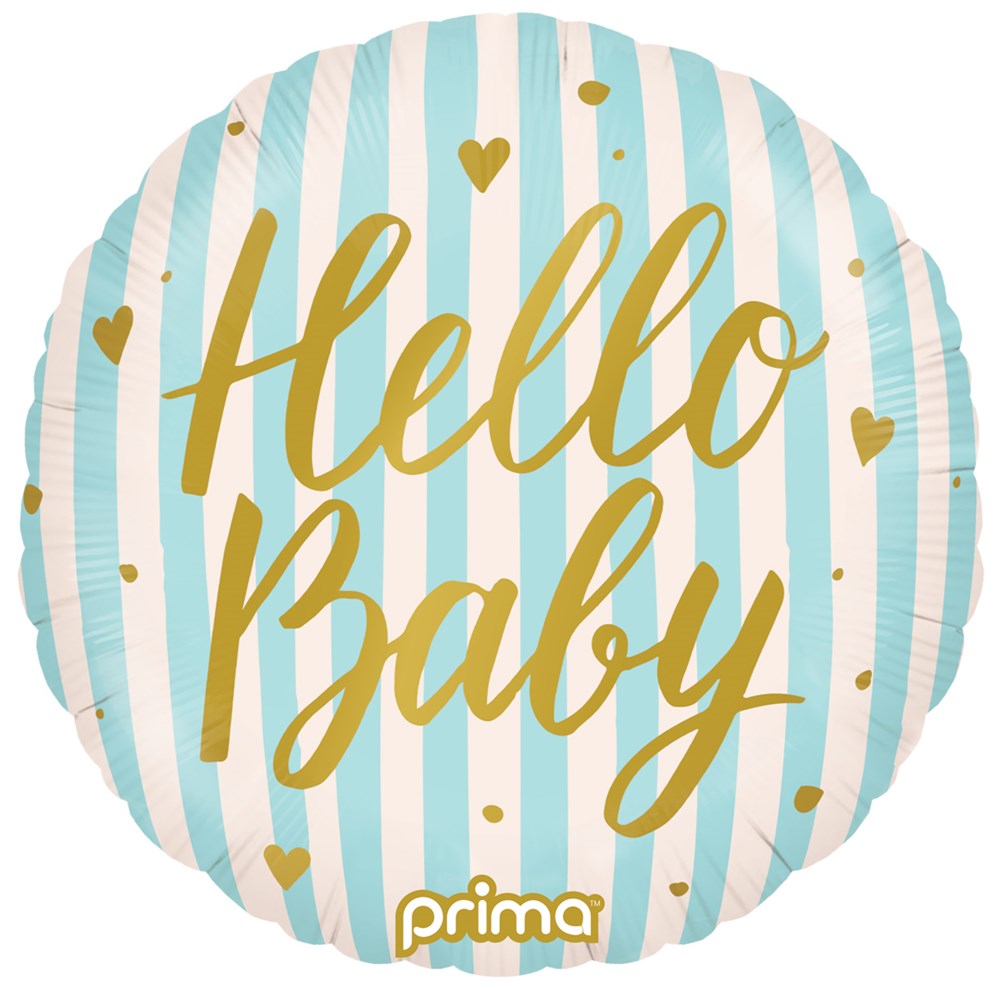 Round foil balloon with vertical blue and white stripes, gold "Hello Baby" text and hearts.