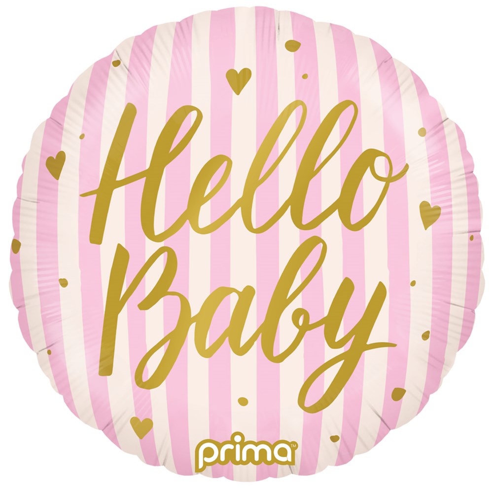 Round foil balloon with pink and white vertical stripes and gold "Hello Baby" script and hearts.