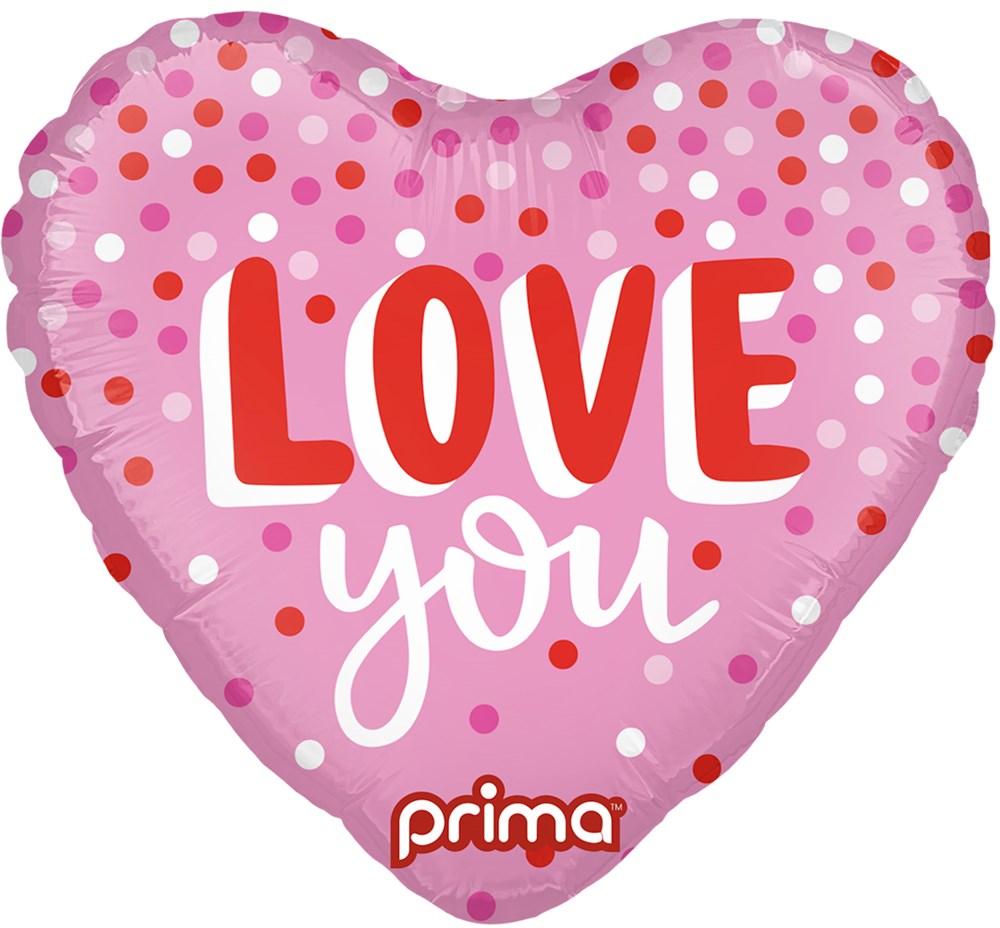 Pink heart-shaped foil balloon with multicolored confetti dots and "LOVE you" text in red and white.
