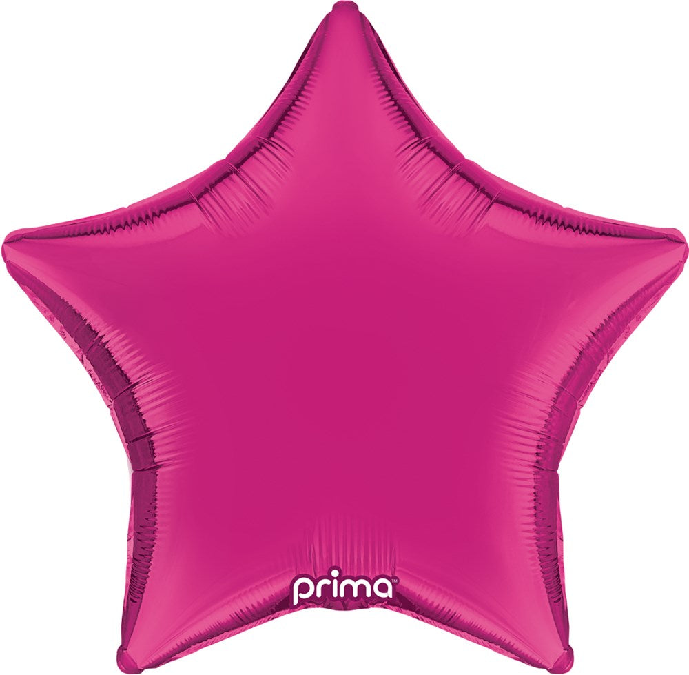 Hot pink foil balloon shaped like a five-point star, 18 inches wide, shiny surface.