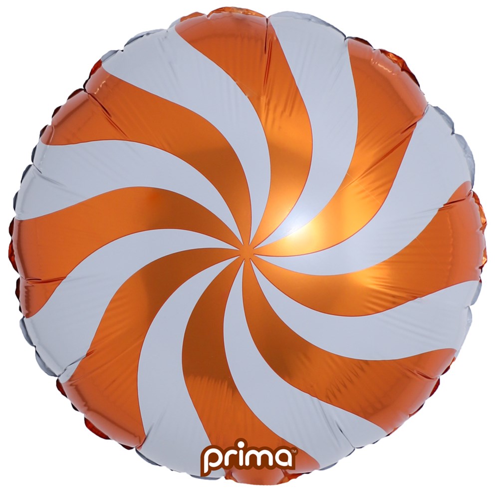 Round foil balloon with orange and white candy swirl pattern, 18 inches diameter.