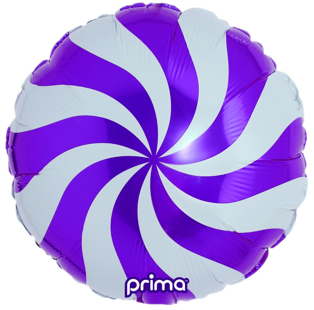 18-inch round foil balloon with purple and white candy swirl pattern.