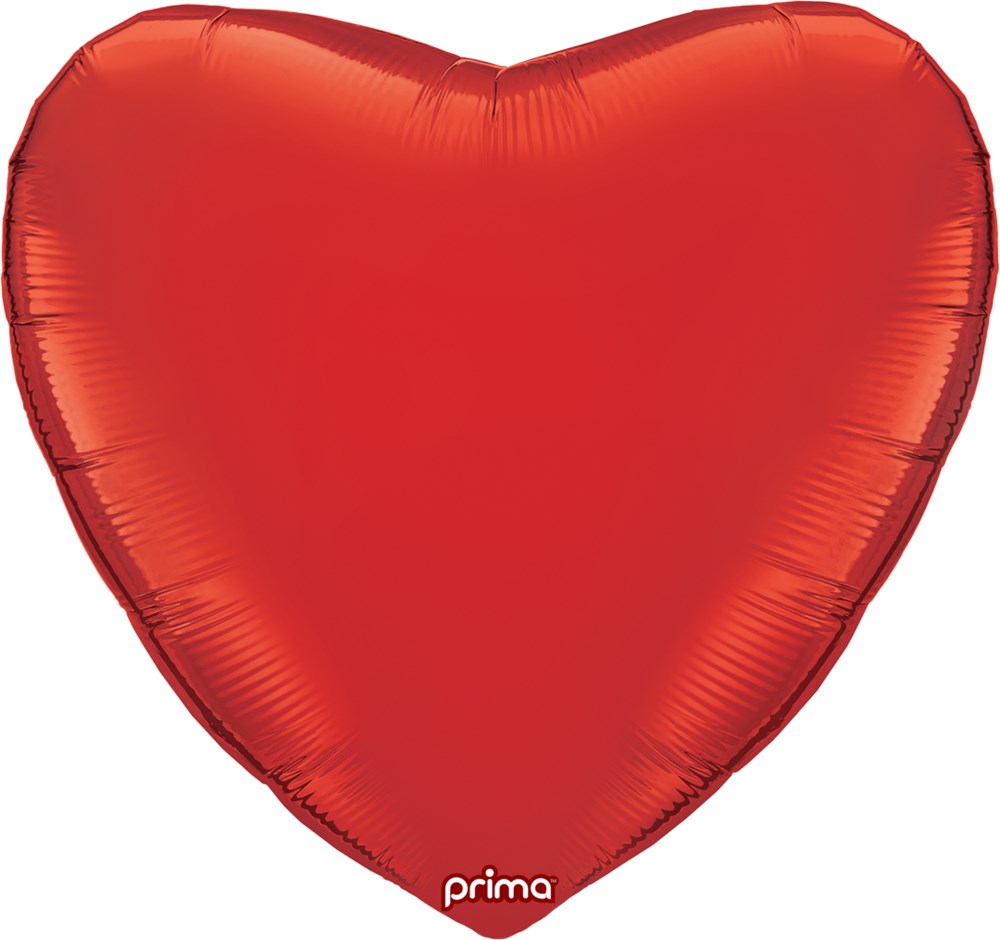 Red metallic foil heart-shaped balloon measuring 32 inches with smooth, shiny surface.